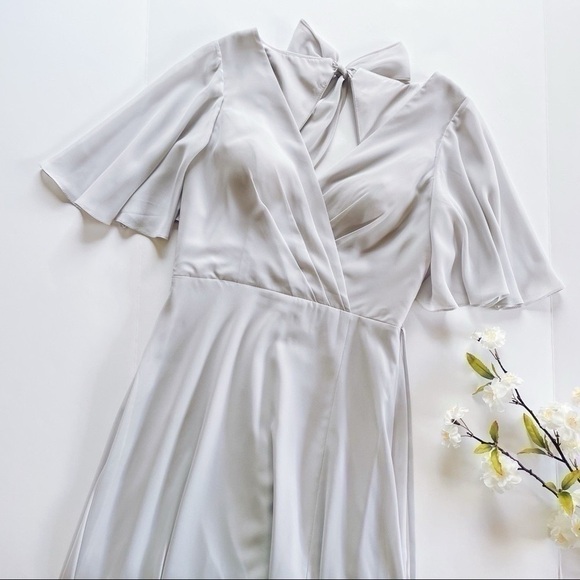 Marchesa Notte Bridesmaids Draped-Sleeve Rear-Cutout Gown Grey - Picture 9 of 16